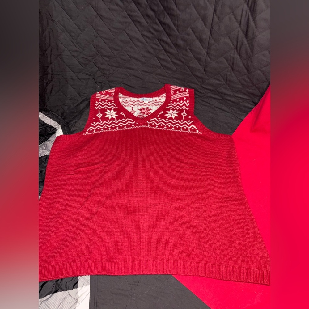 Denim & Co. Red V-Neck Sweater with Nordic Pattern #1201